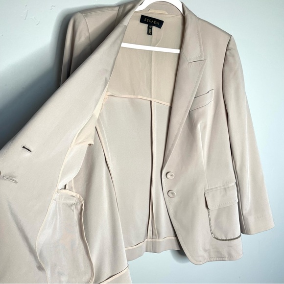 Escada Beaded Vintage Blazer Jacket 42 Large 12 Silk Cream Tan Beige Pockets - Picture 6 of 9